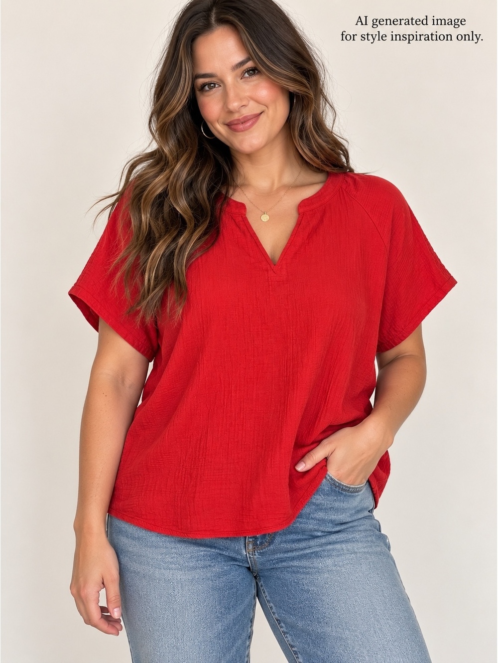 Calvin Klein Red Gauze Blouse Size Large Short Sleeve Split Neck Top
